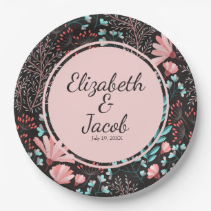 Personalised Pink & Teal Dark Floral Pattern Paper Plate