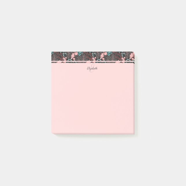 Personalised Pink & Teal Dark Floral Post-it Notes (Front)