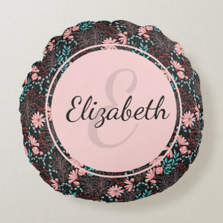Personalised Pink & Teal Dark Floral Round Cushion