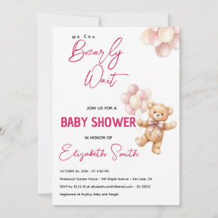 Personalised Pink Teddy Bear Baby Shower Invitation