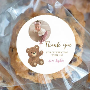 Personalised Pink Teddy Bear First Birthday Photo Classic Round Sticker