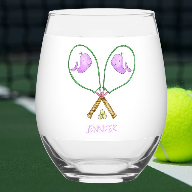 Personalised Pink Tennis Rackets with Whale Covers Stemless Wine Glass (Creator Uploaded)