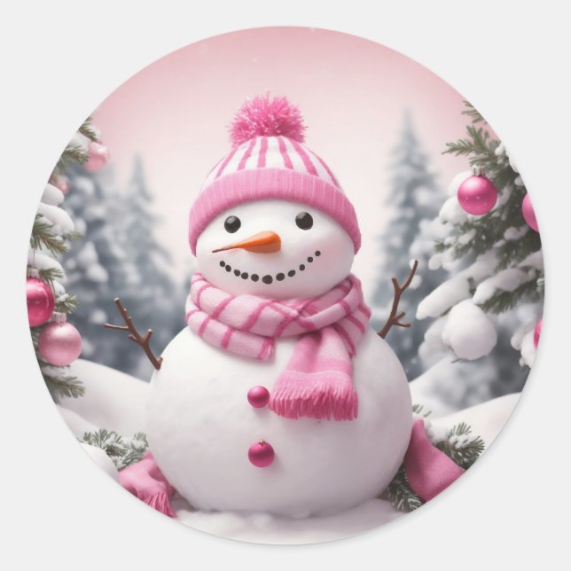 Personalised Pink Theme Christmas Snowman Classic Round Sticker (Front)