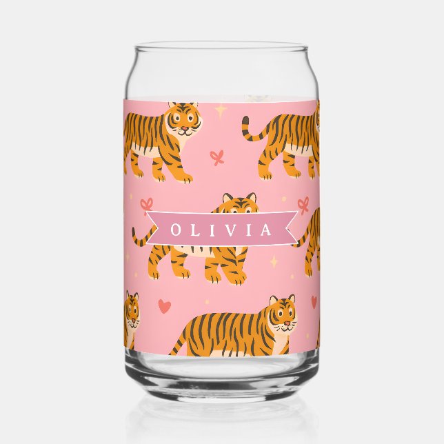 Personalised Pink Tiger Chic Edgy Fun Aesthetic Can Glass (Front)
