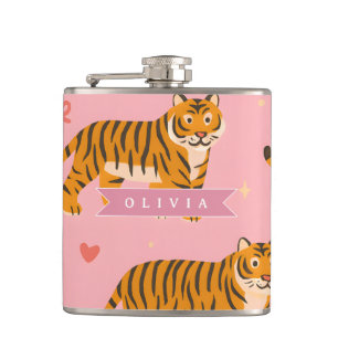 Personalised Pink Tiger Chic Edgy Fun Aesthetic Hip Flask