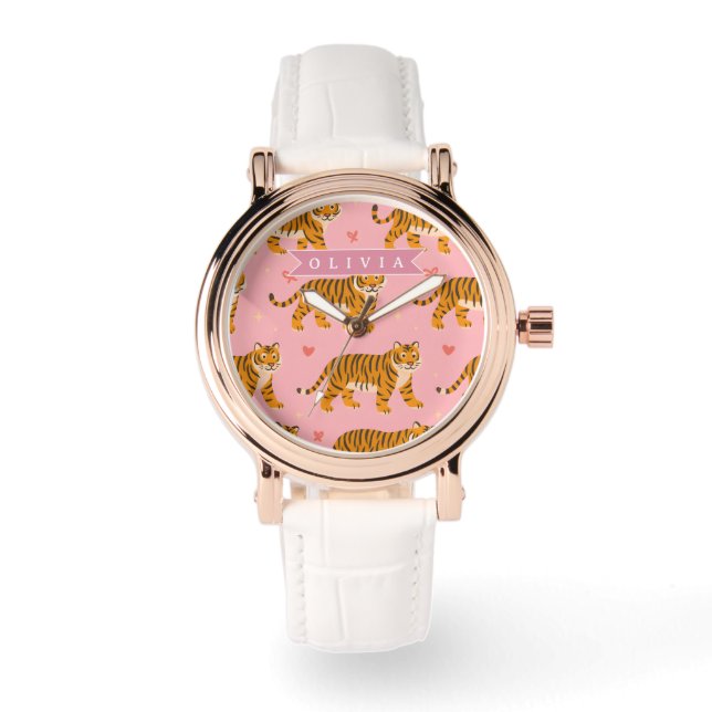 Personalised Pink Tiger Chic Edgy Fun Aesthetic Watch (Front)