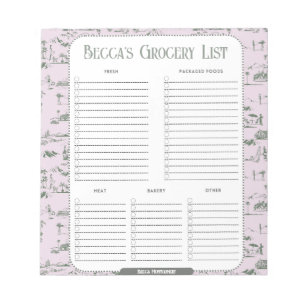 Personalised Pink Toile Grocery List Notepad