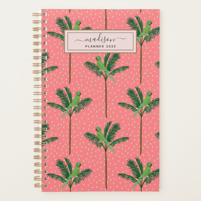 Personalised Pink Tropical Palm Tree Bird Pattern Planner (Front)