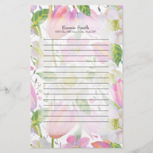 Personalised Pink Tulips and Green Leaves Stationery (Front)