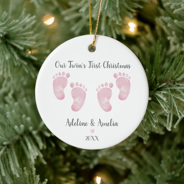 Personalised Pink Twin Baby Girls Footprint Ceramic Tree Decoration (Tree)