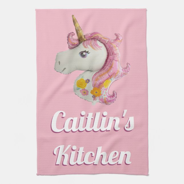Personalised Pink Unicorn Balloon Girly Tea Towel (Vertical)