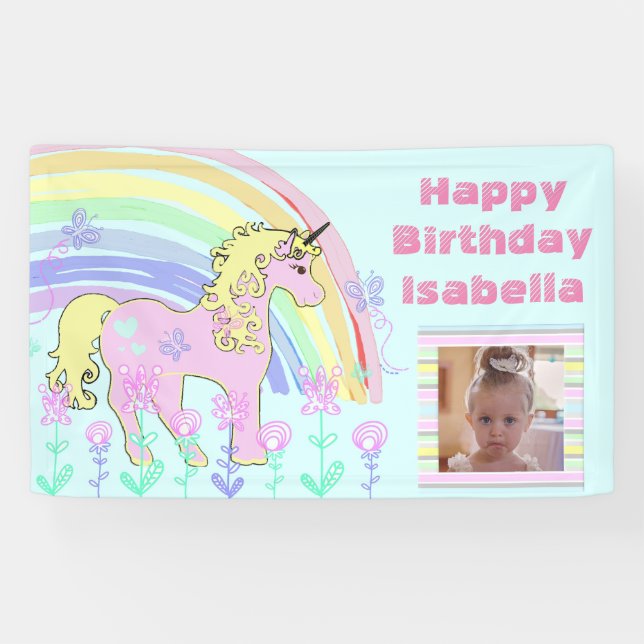 Personalised Pink Unicorn Rainbow Birthday Banner (Horizontal)