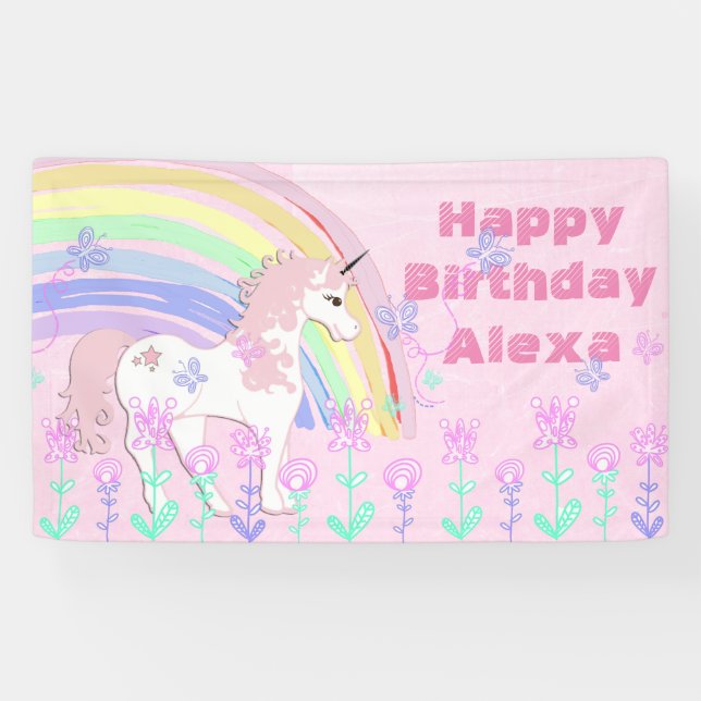 Personalised Pink Unicorn Rainbow Birthday Banner (Horizontal)