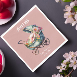 Personalised Pink Vintage Pram Baby Shower Napkin