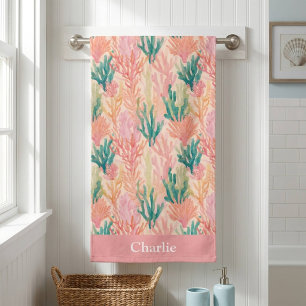 Personalised Pink Watercolor Coral Bath Towel