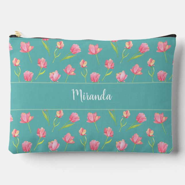 Personalised Pink Watercolor Flowers Accessory Pouch (Front)