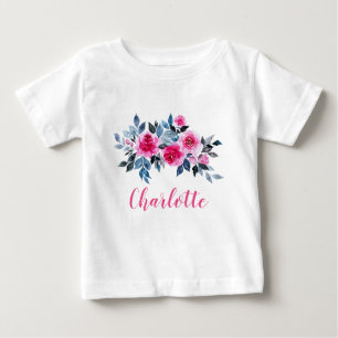 Personalised Pink Watercolor Flowers Baby T-Shirt
