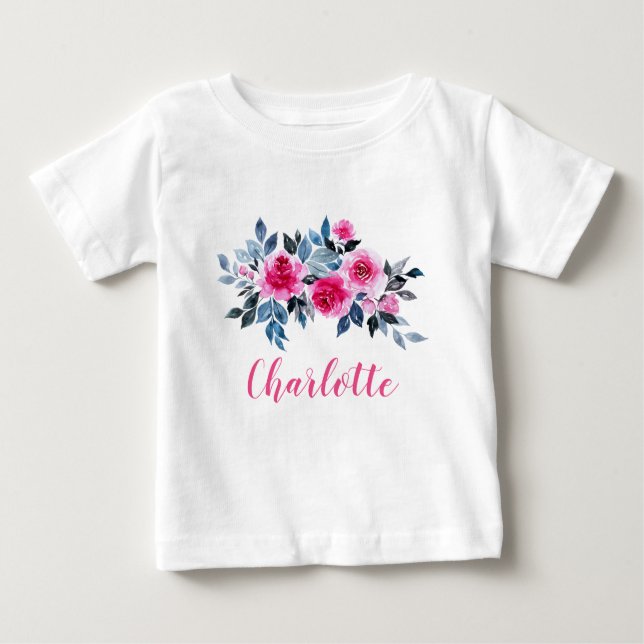 Personalised Pink Watercolor Flowers Baby T-Shirt (Front)