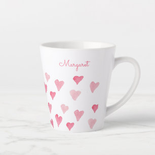 Personalised Pink Watercolor Hearts Valentines Day Latte Mug