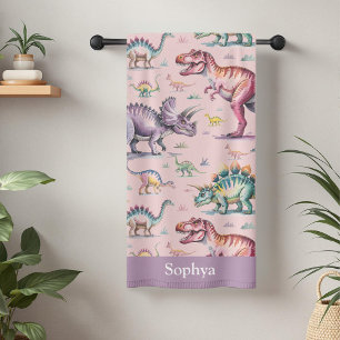 Personalised Pink Watercolor Kids Dinosaur Bath Towel
