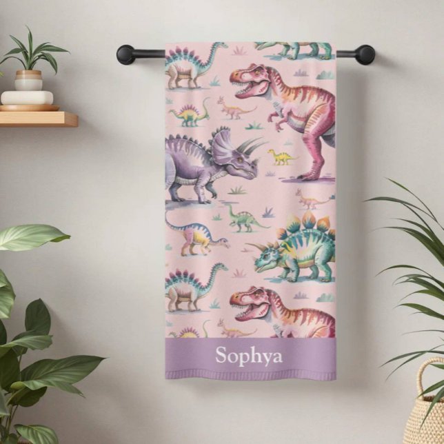 Personalised Pink Watercolor Kids Dinosaur Beach Towel (Creator Uploaded)