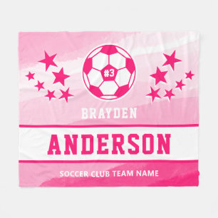 Personalised Pink Watercolor Soccer Player Name Fleece Blanket