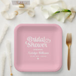 Personalised Pink Wedding Bridal Shower Paper Plate<br><div class="desc">Elegant custom wedding paper party plates feature a modern calligraphy script "Bridal Shower" design with cute heart accent. Personalise with the bride’s name and Future Mrs. name who the event is honouring. Clean and simple design. Note,  the pink and white colour scheme can be modified.</div>