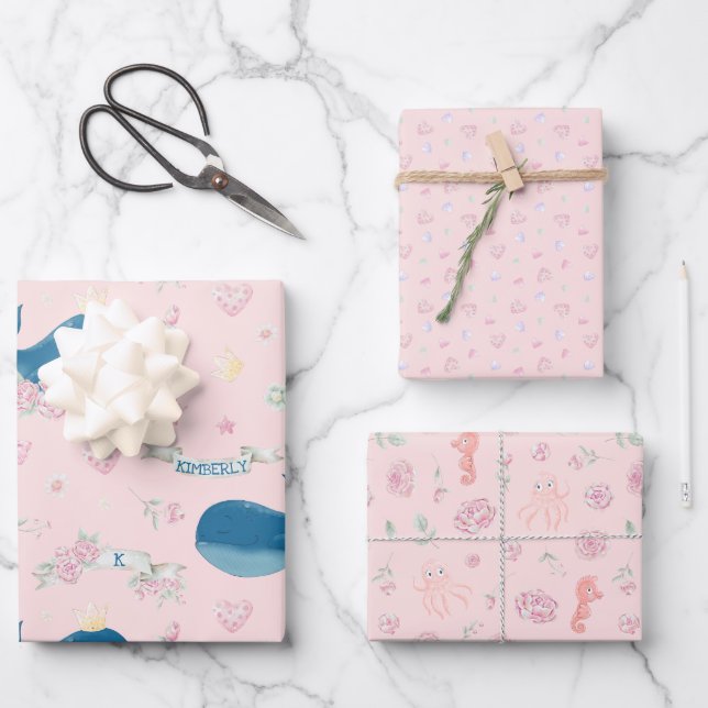 Personalised Pink Whale Nautical Wrapping Paper Sheet (Front)