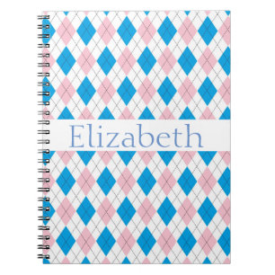 Personalised Pink White Blue Argyle Pattern Spiral Notebook