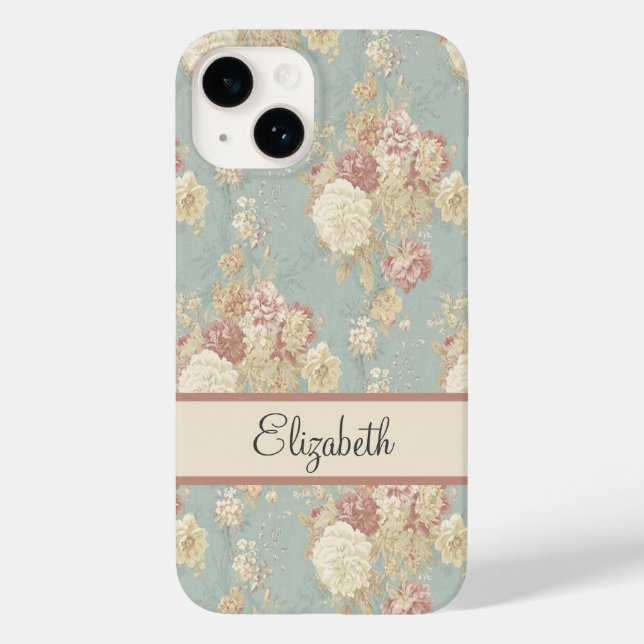 Personalised Pink White Blush Roses on Blue  Case-Mate iPhone Case (Back)