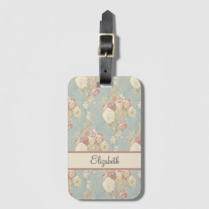Personalised Pink White Blush Roses on Blue Luggage Tag
