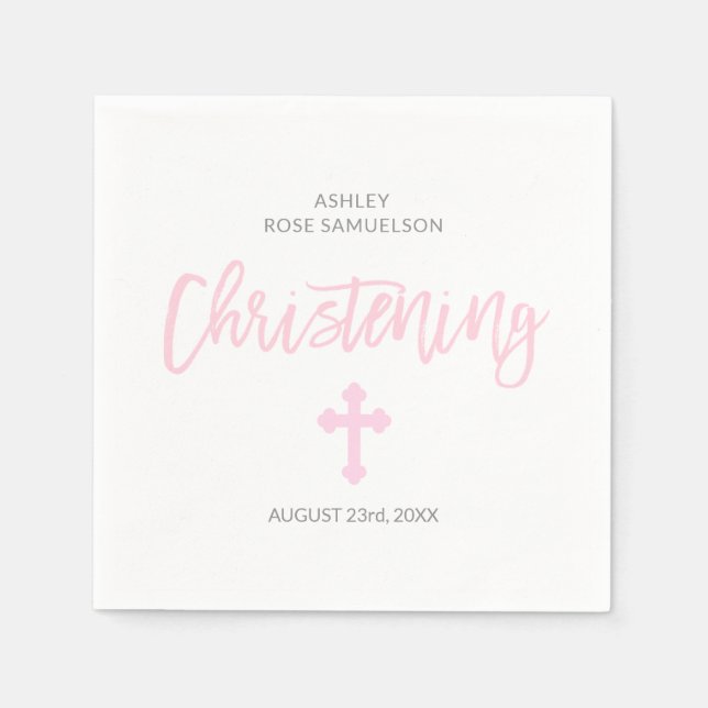 Personalised Pink White GIRL Cross CHRISTENING Napkin (Front)