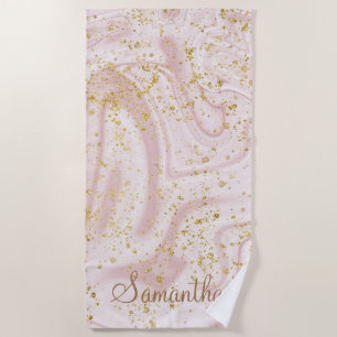 Personalised Pink White Marble Swirl Gold Glitter Beach Towel