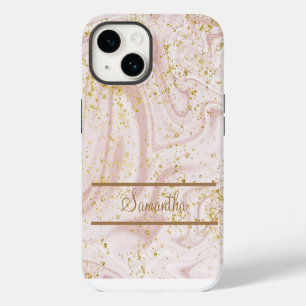 Personalised Pink White Marble Swirl Gold Glitter iPhone 14 Case