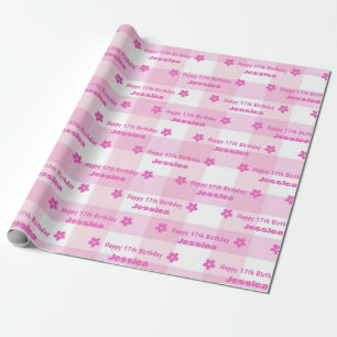 Personalised Pink White Plaid Happy 17th Birthday Wrapping Paper
