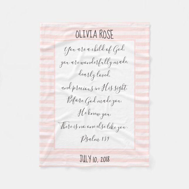 Personalised, Pink/White Stripe, Verse from Psalm Fleece Blanket (Front)