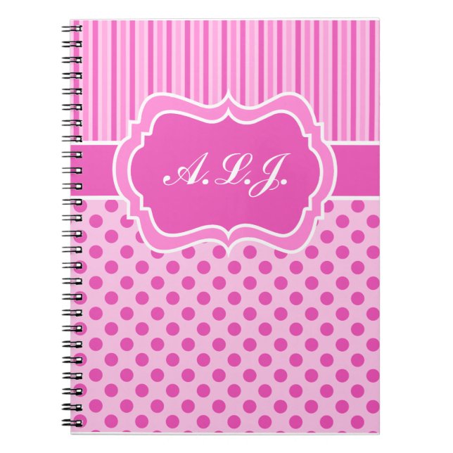 Personalised Pink, White Striped Polka Dots Notebook (Front)