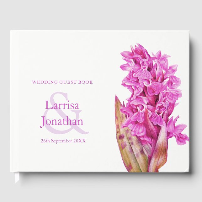 Personalised pink wild orchid art wedding guest book (Front)