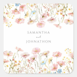 Personalised Pink Wildflower Watercolor Wedding  Square Sticker