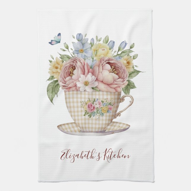Personalised Pink Yellow Blue Flowers in Teacup  Tea Towel (Vertical)