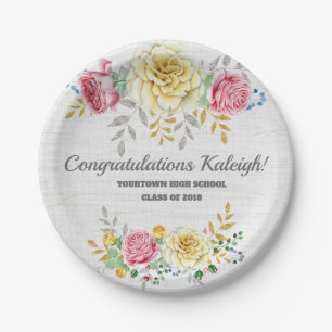 Personalised Pink Yellow Floral on Grey Burlap Paper Plate