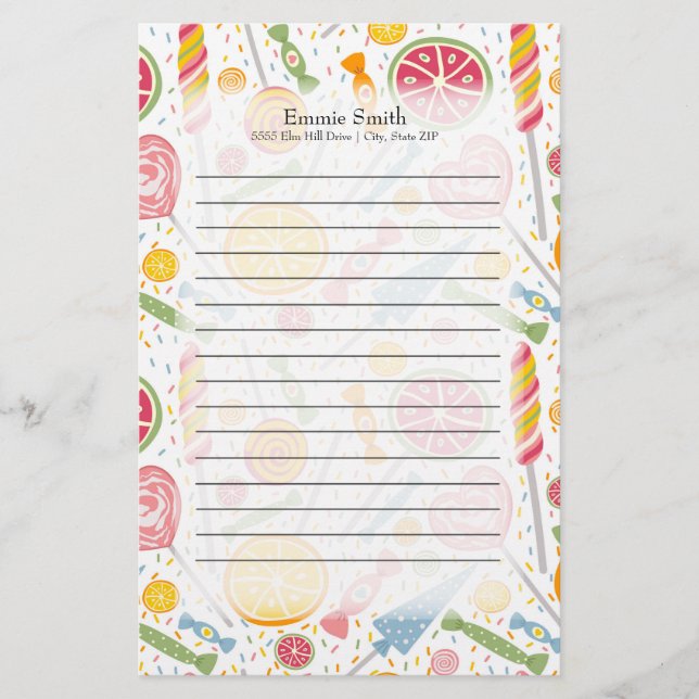 Personalised Pink Yellow Green Candy on White Stationery (Front)