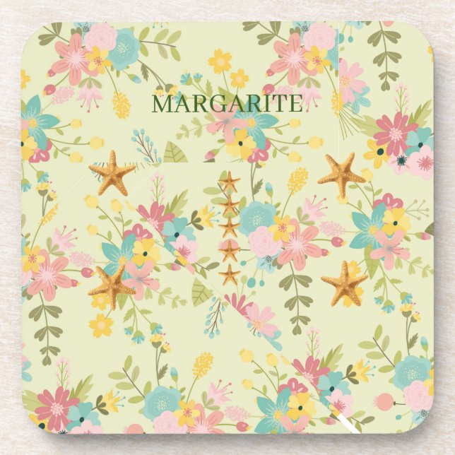 Personalised Pink Yellow Green Florals Coaster (Front)