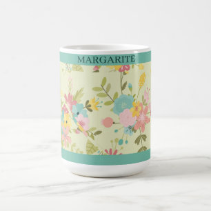 Personalised Pink Yellow Green Florals Coffee Mug