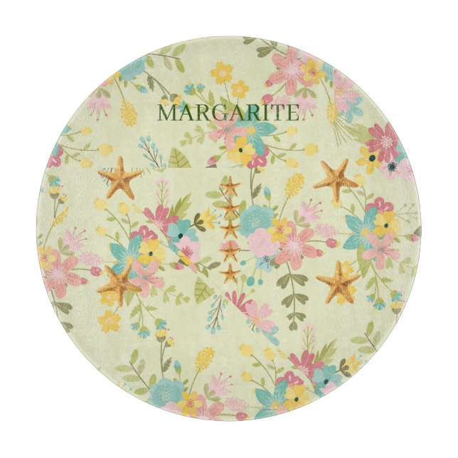 Personalised Pink Yellow Green Florals Cutting Board (Front)