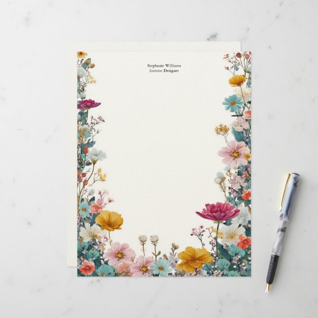 Personalised Pink Yellow Teal Wildflowers  Custom Letterhead (Front/Back In Situ)