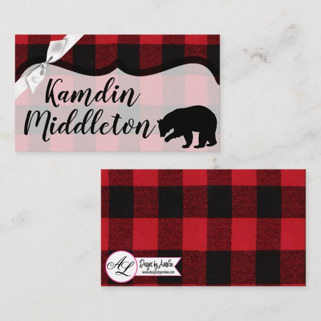 Personalised Place Cards Red Plaid Black Bear (Front/Back)