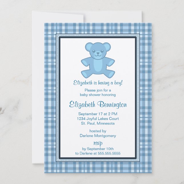 Personalised Plaid Bear Boy Baby Shower Invites (Front)