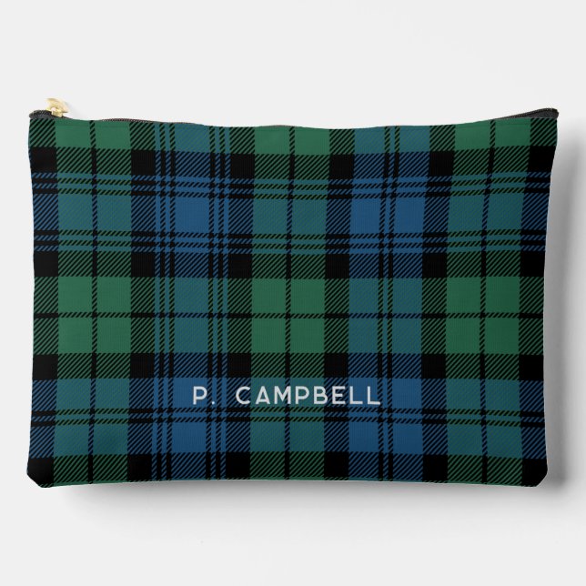 Personalised Plaid Campbell Green Blue Tartan Accessory Pouch (Front)