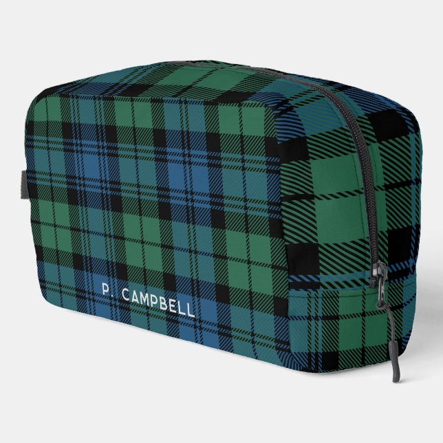 Personalised Plaid Campbell Green Blue Tartan Dopp Kit (Right Corner)